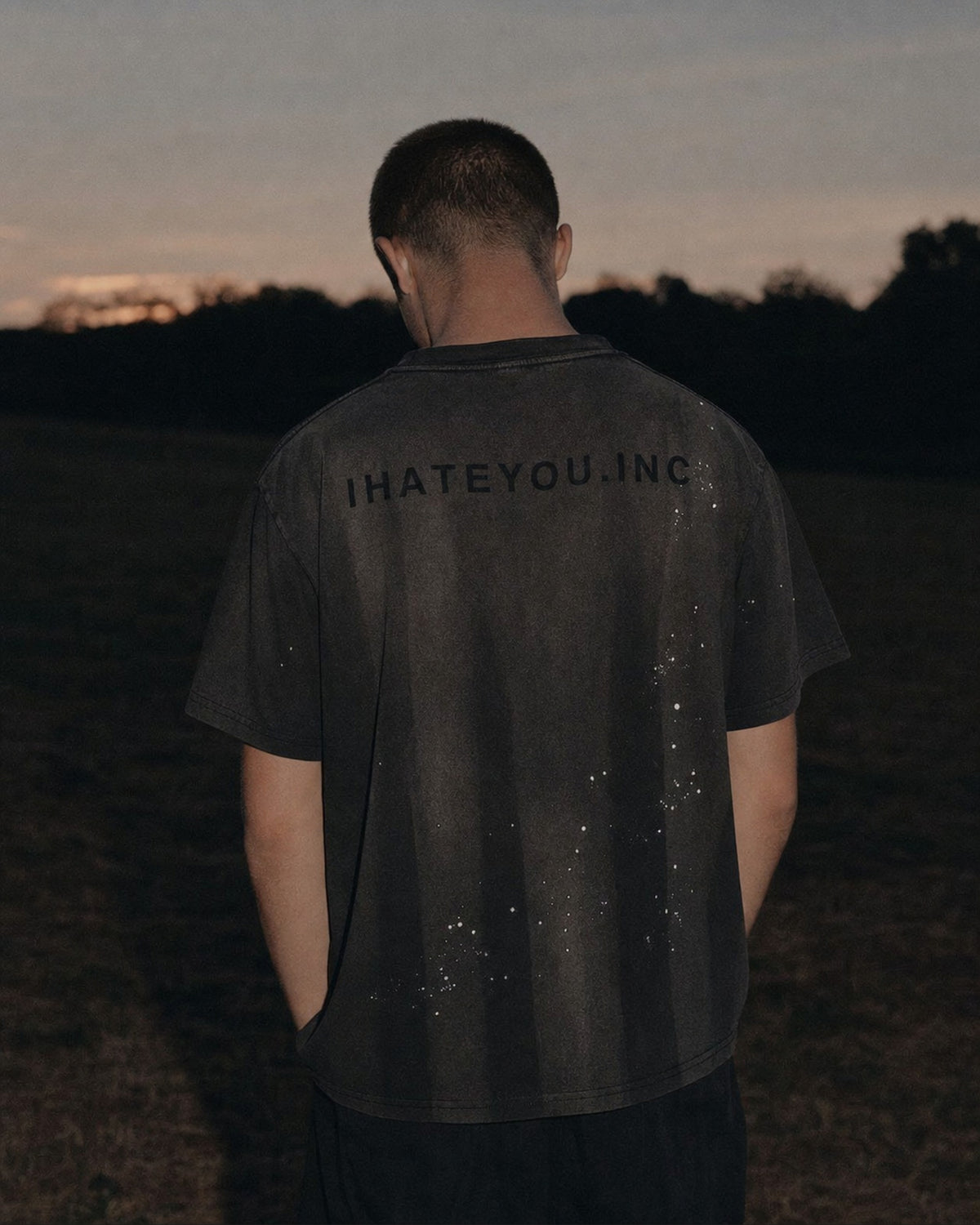 IHATEYOU.inc Hand-Splattered Sunfaded Cotton Tee — back on-model