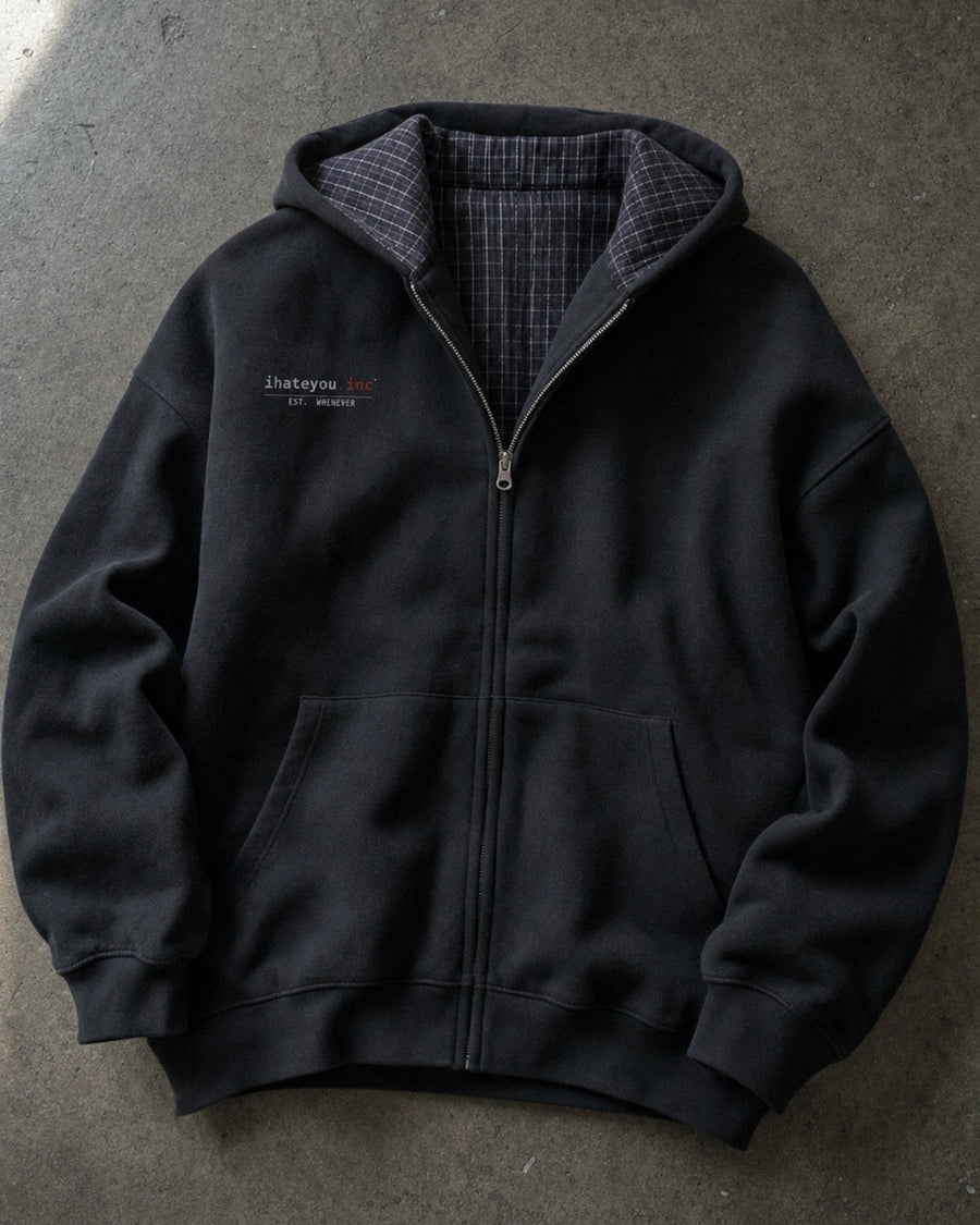 IHATEYOU.inc Black Plaid-Lined Zip Hoodie — flat lay