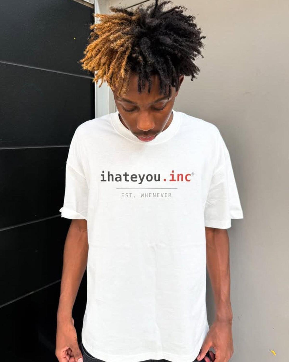 IHATEYOU.inc Unisex White Cotton Tee — 230gsm — front on-model