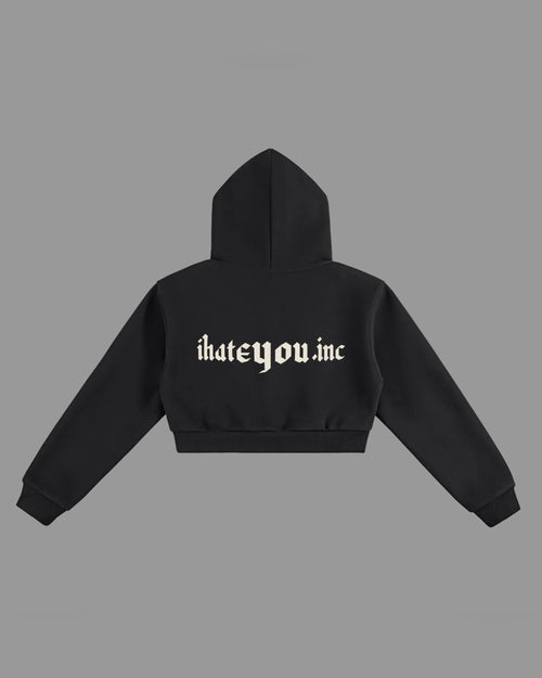 IHATEYOU.inc Cropped Fleece Hoodie — Black 350gsm — Archive 02 preview 2