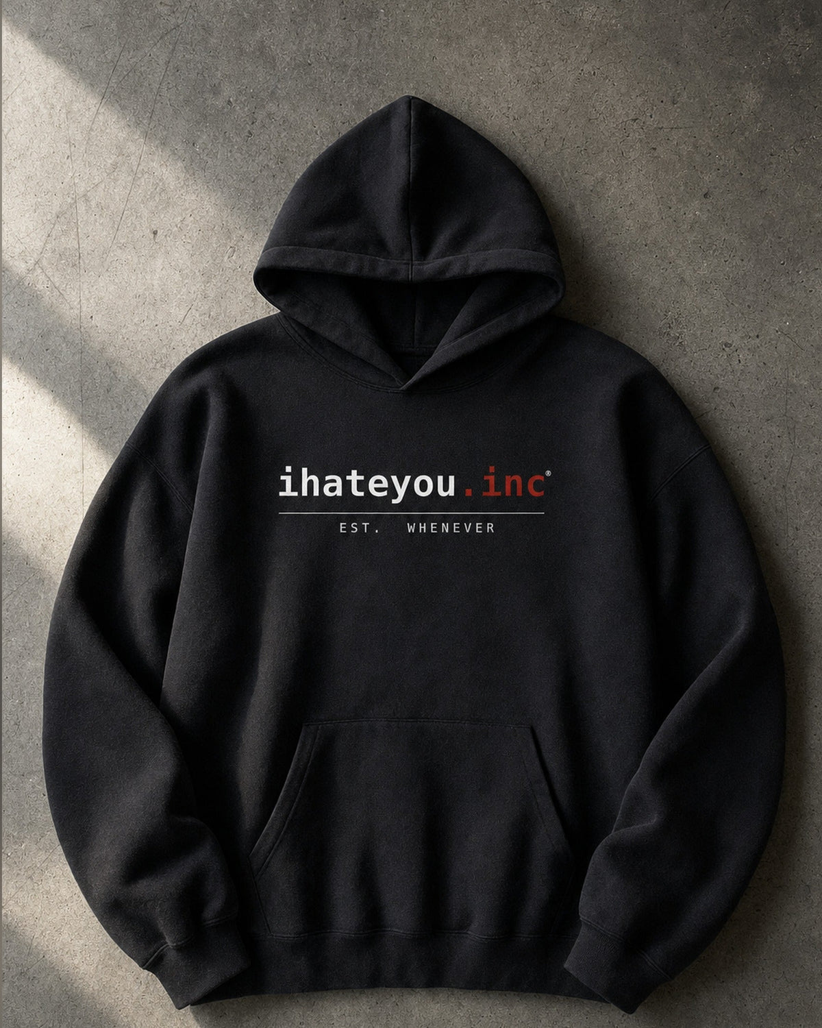 IHATEYOU.inc Heavyweight Fleece Hoodie – Black 430gsm — flat lay