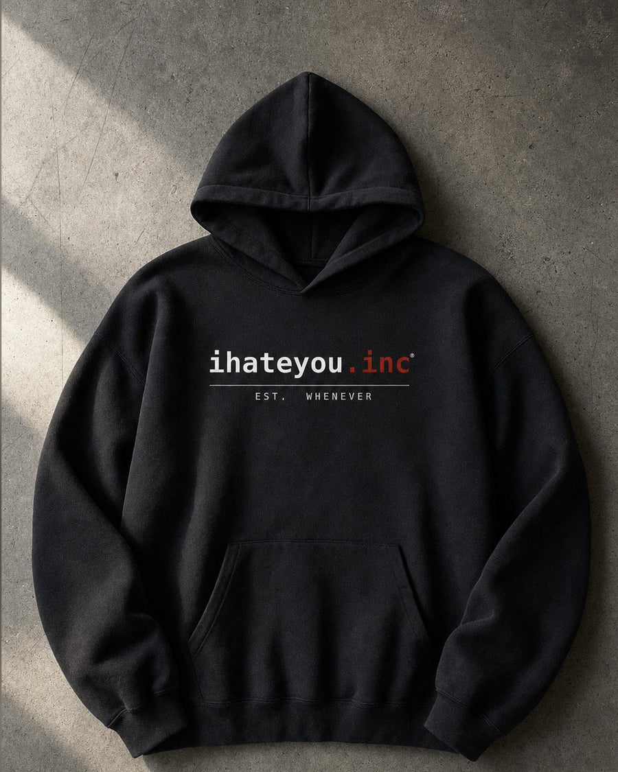 IHATEYOU.inc Heavyweight Fleece Hoodie – Black 430gsm — flat lay
