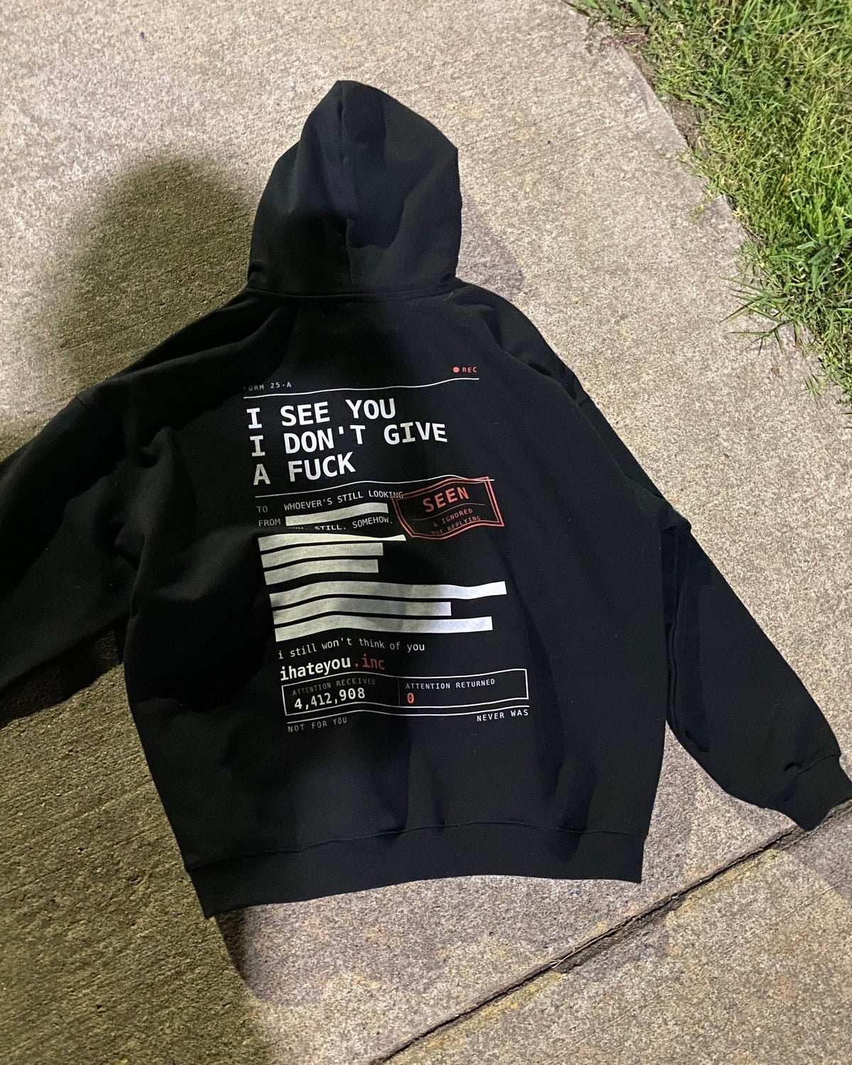 IHATEYOU.inc Heavyweight Fleece Hoodie – Black 430gsm — detail