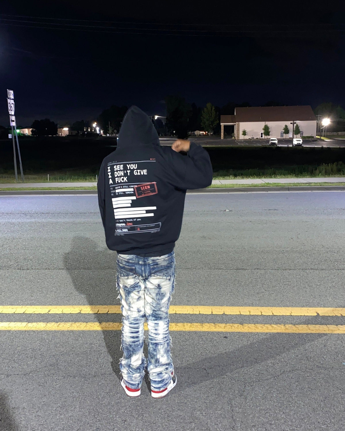 IHATEYOU.inc Heavyweight Fleece Hoodie – Black 430gsm — front on-model