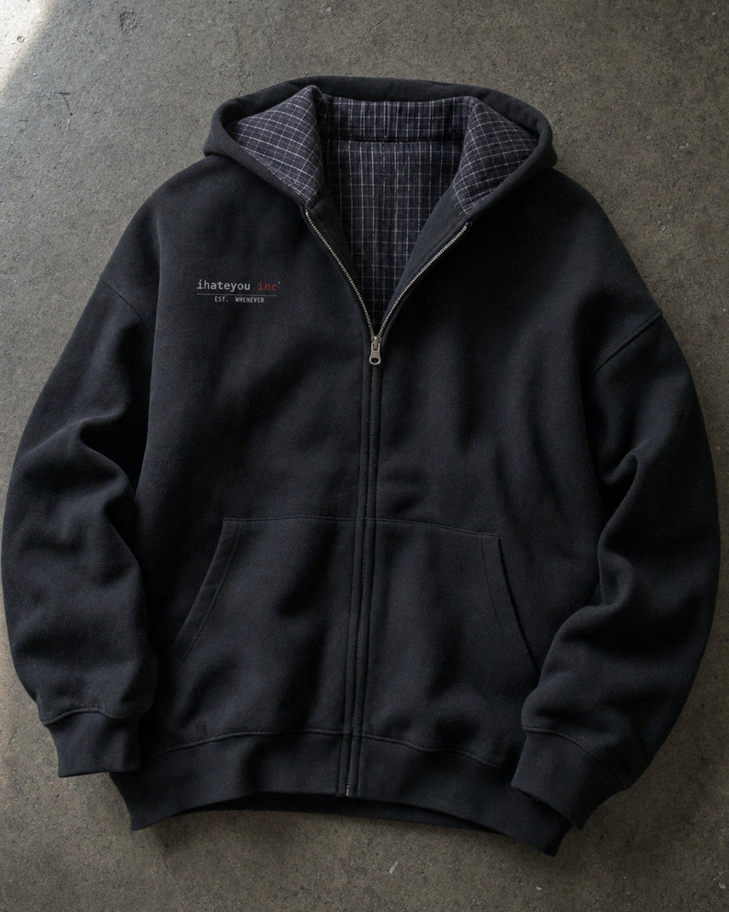 IHATEYOU.inc Black Plaid-Lined Zip Hoodie — flat lay