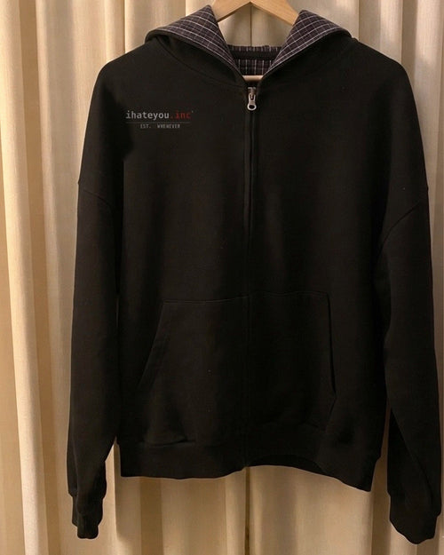 IHATEYOU.inc Black Plaid-Lined Zip Hoodie — front on-model