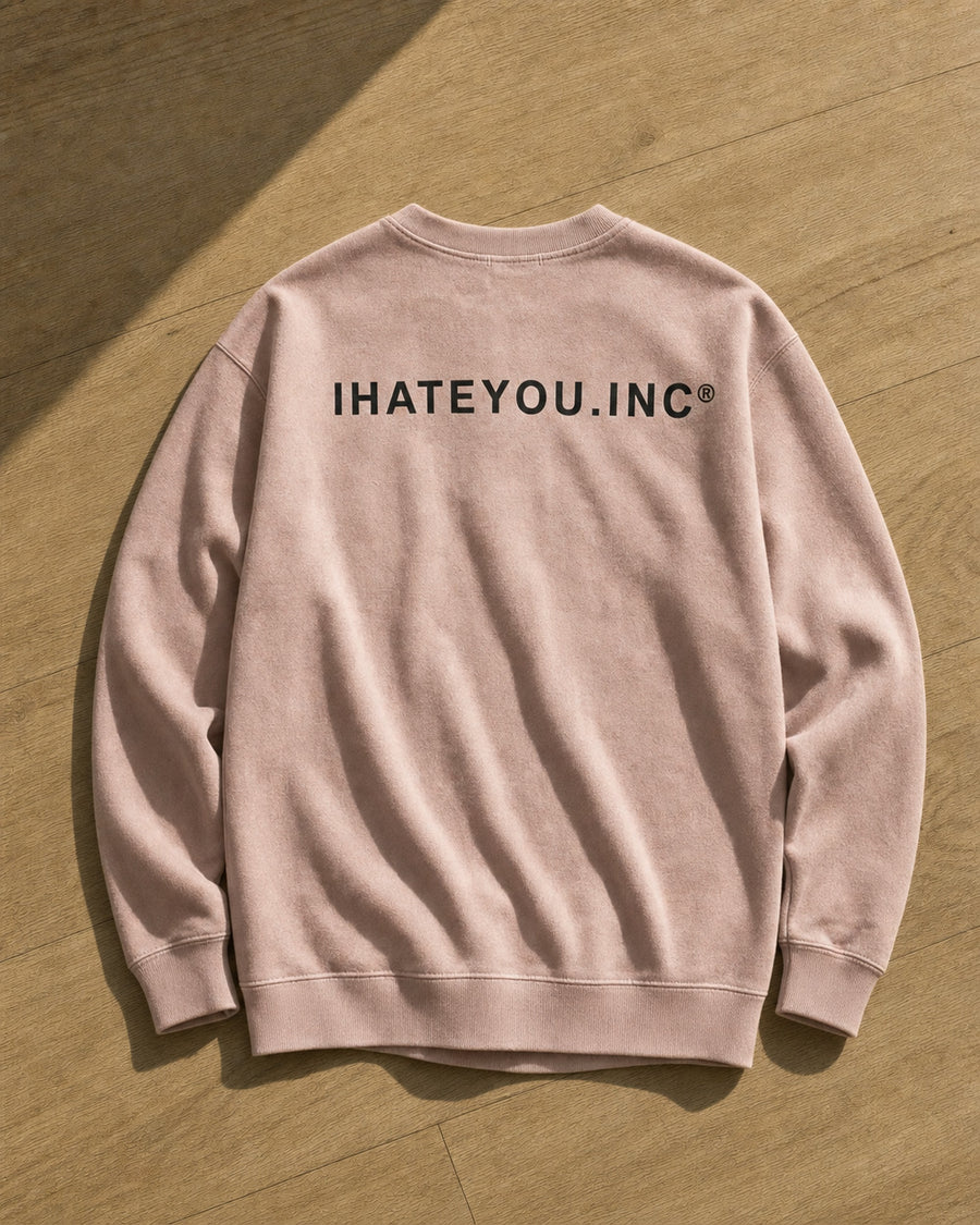 IHATEYOU.inc Light Pink Unisex Crewneck Sweatshirt — flat lay