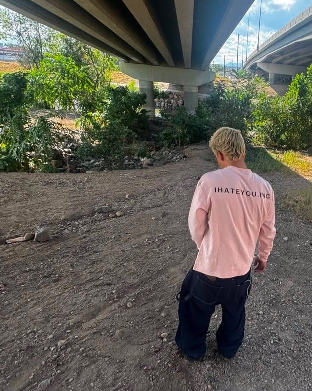 IHATEYOU.inc Light Pink Unisex Crewneck Sweatshirt — back on-model