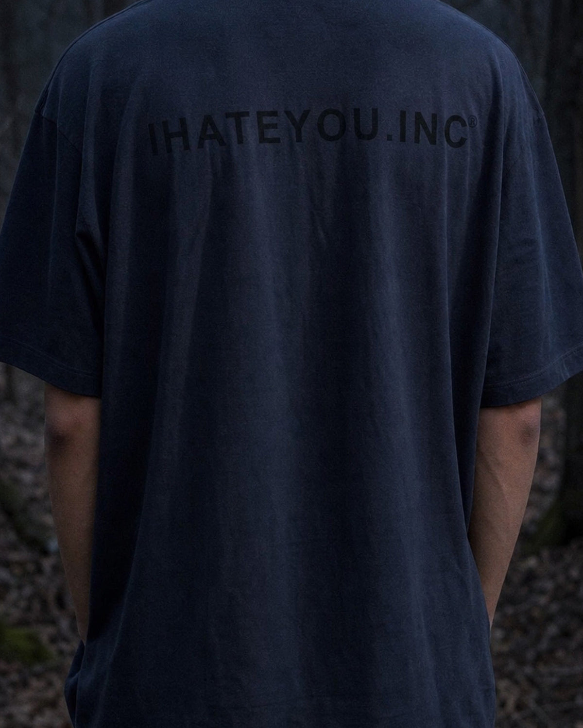 IHATEYOU.inc Oversized Heavyweight Cotton T‑Shirt — Navy — front on-model