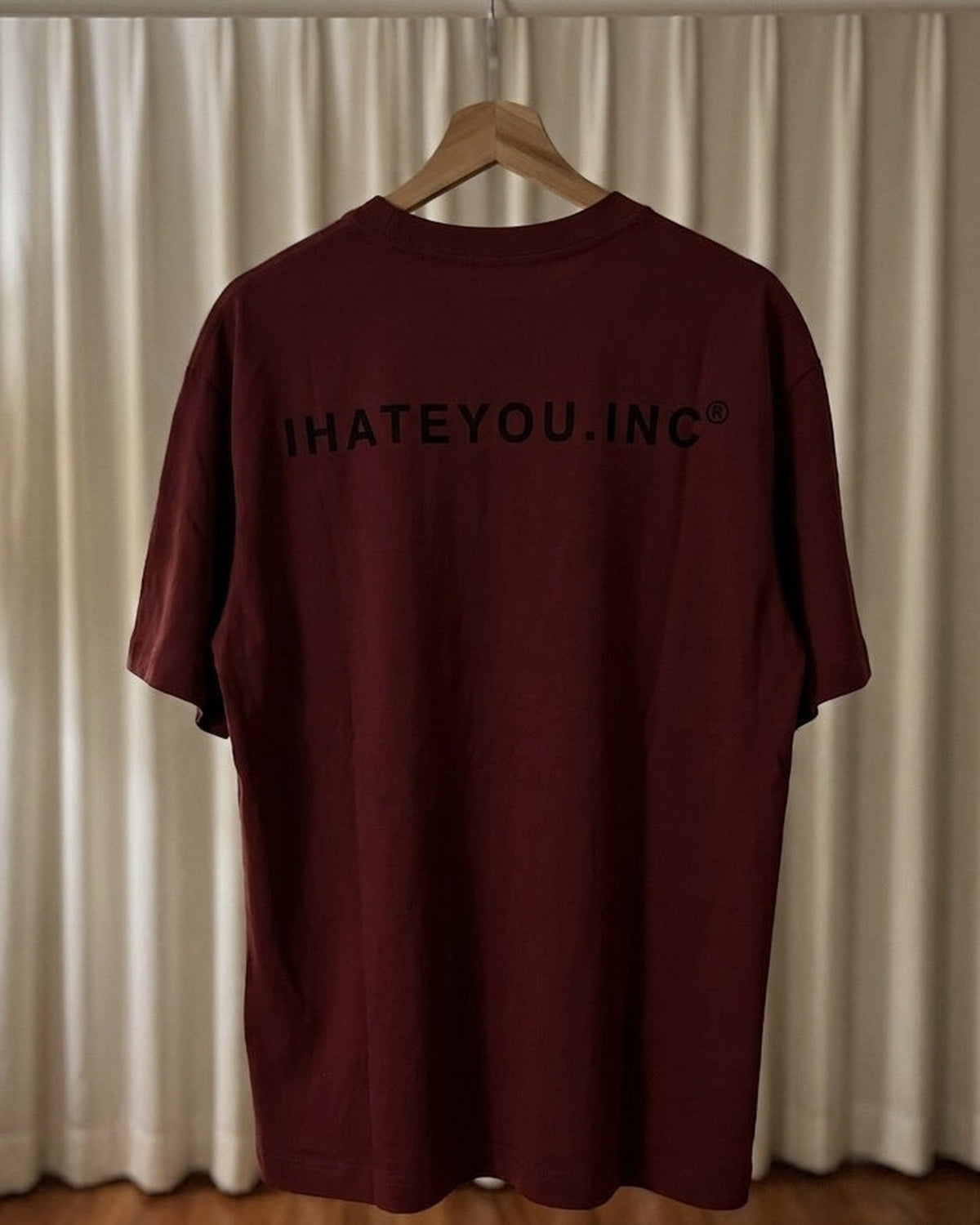 IHATEYOU.inc Wine Red Heavyweight Cotton Tee — 260gsm — flat lay