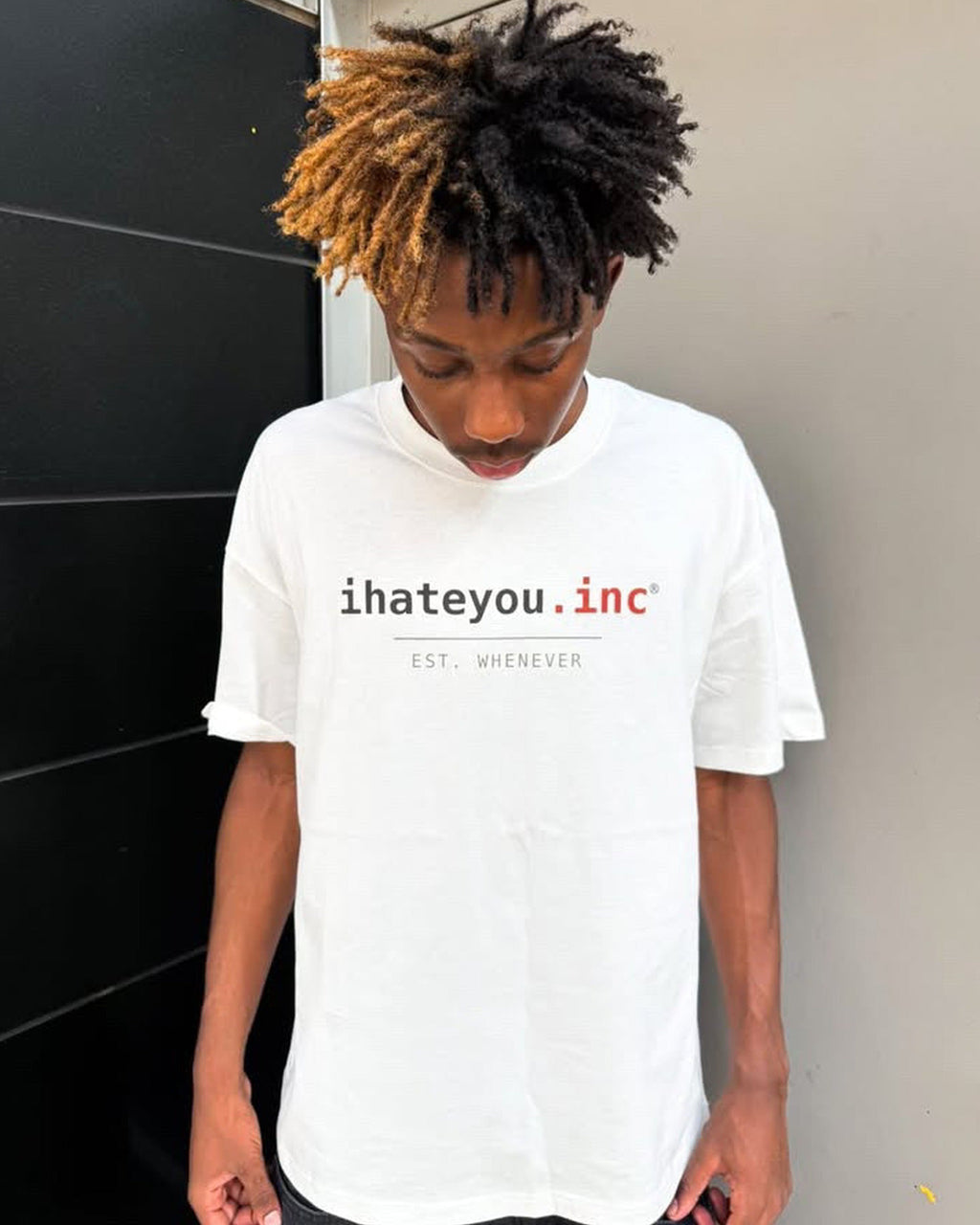 IHATEYOU.inc Unisex White Cotton Tee — 230gsm — front on-model