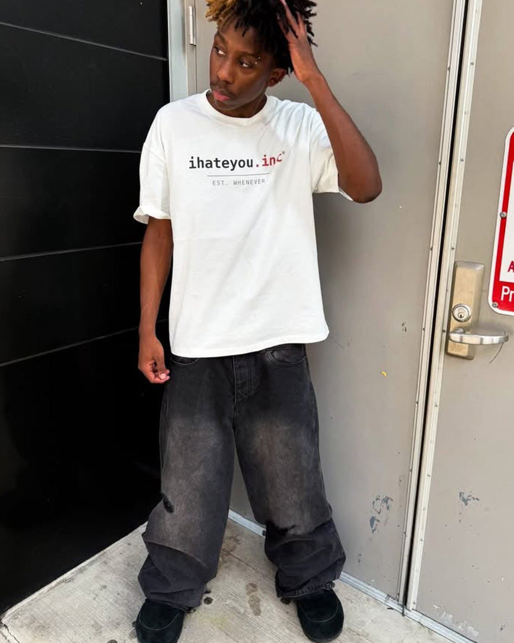 IHATEYOU.inc Unisex White Cotton Tee — 230gsm — back on-model