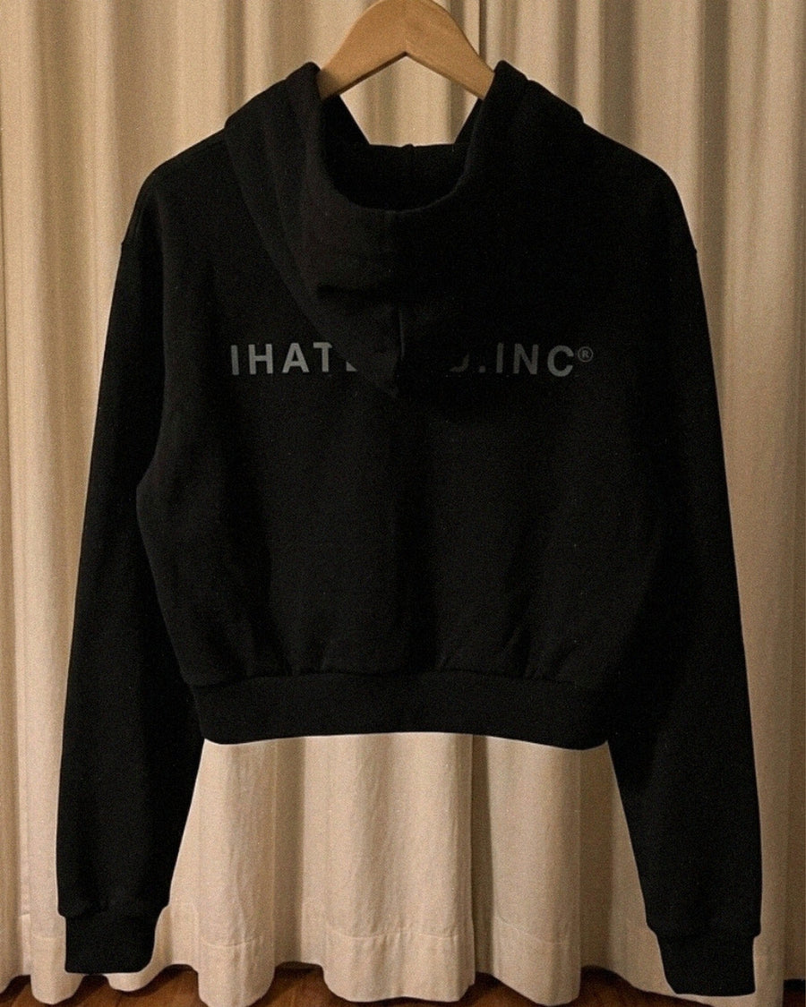 IHATEYOU.inc Women's Cropped Fleece Hoodie – Black — flat lay