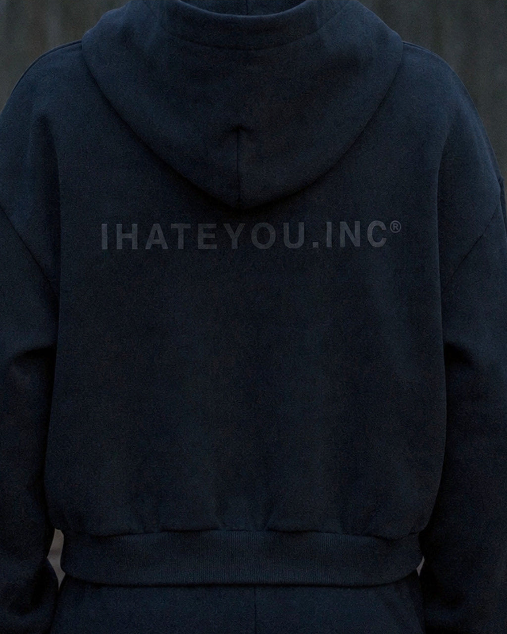 IHATEYOU.inc Women's Cropped Fleece Hoodie – Black — back on-model
